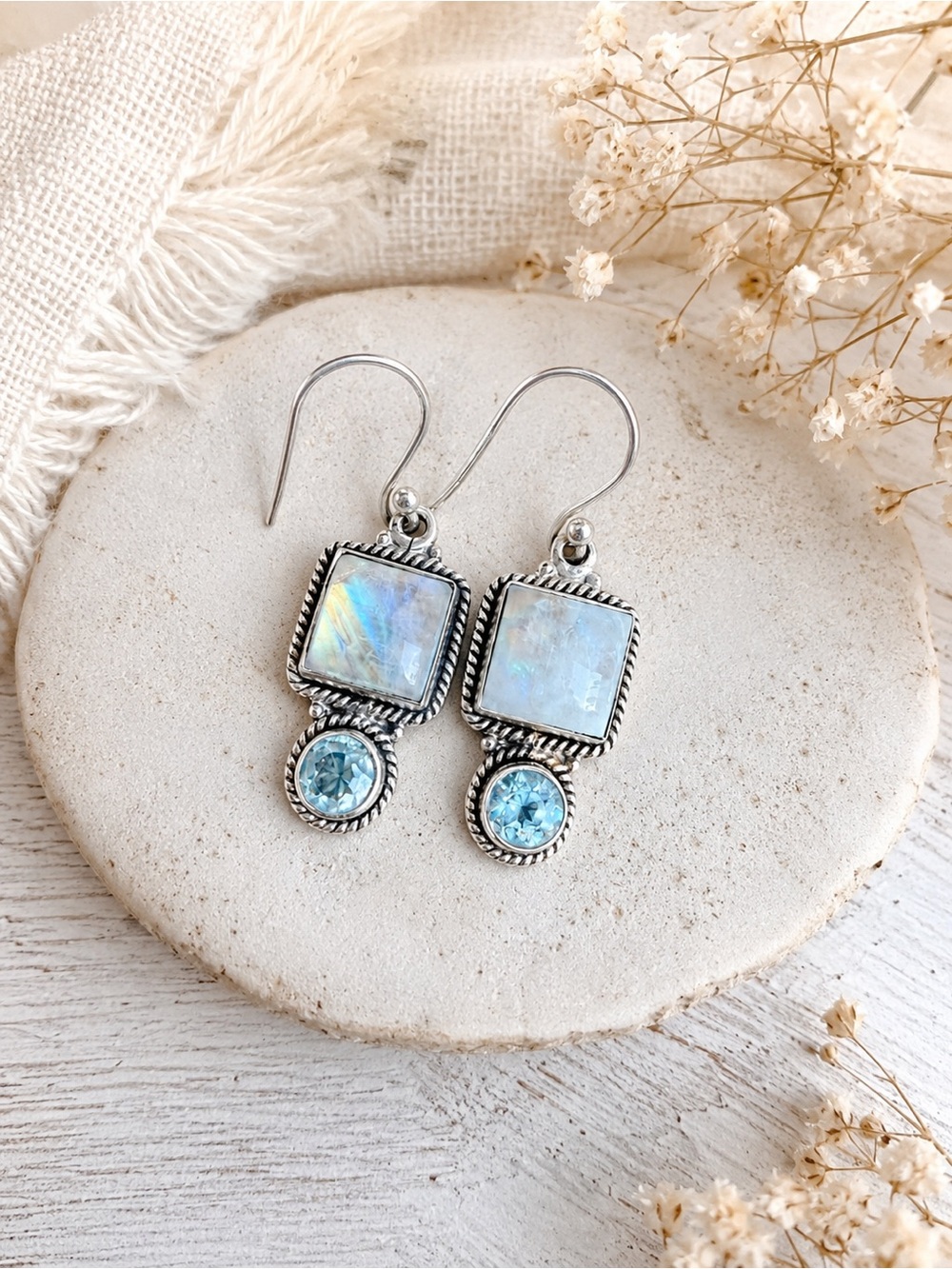 Sterling Silver Rainbow Moonstone Drop Earrings | Boho Artisan Gemstone